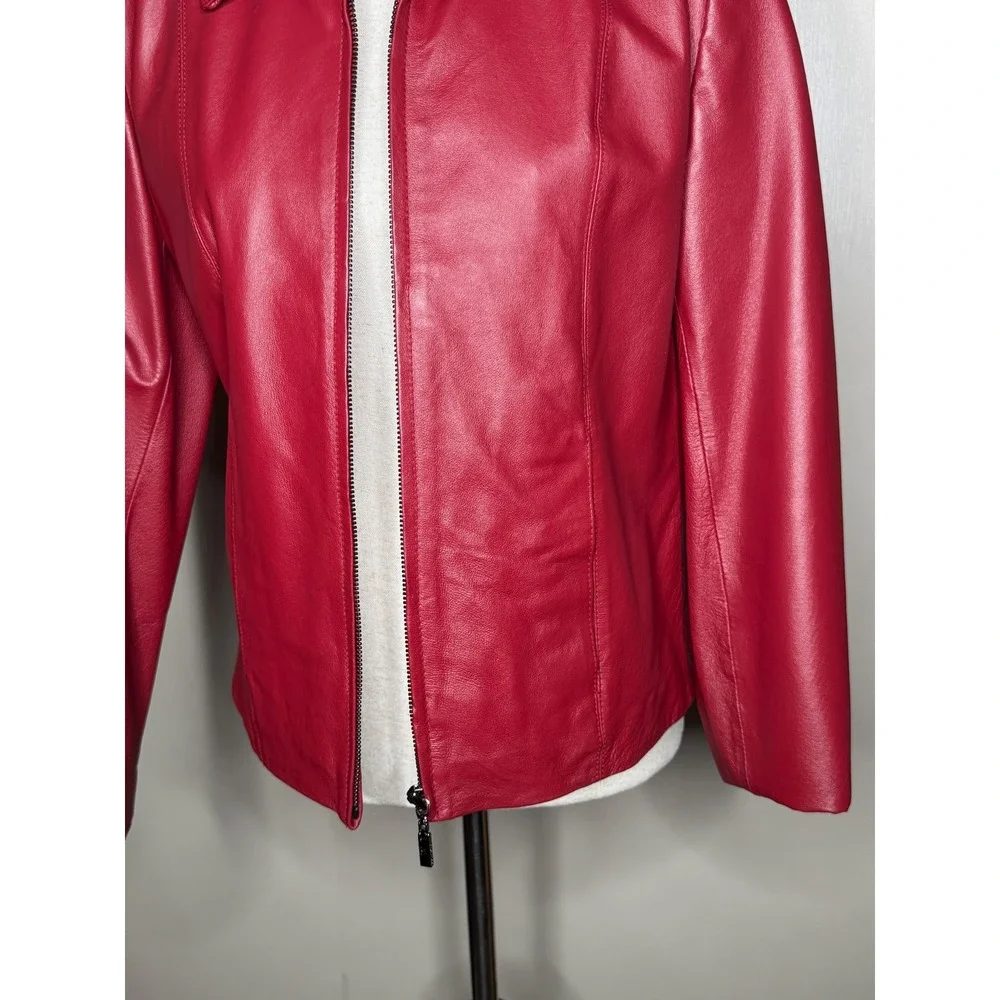 Adler Collection Red Leather Zip Front Jacket Women's Medium Tailored Minimalist - Picture 3 of 8